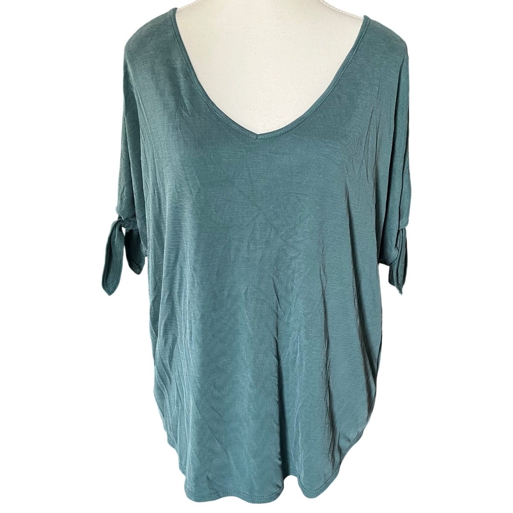 Green Envelope Los Angeles Teal Ribbed V-Neck Tie Sleeve Top Large NEW